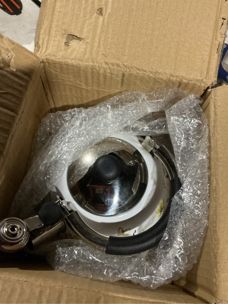 Condition photo showing As Is for Tea Kettle, 3.1 Quart Whistling Tea Pot for Stove Top, Food Grade 304 Stainless Steel Teapot with for Coffee, Tea, Milk etc White Field Flower