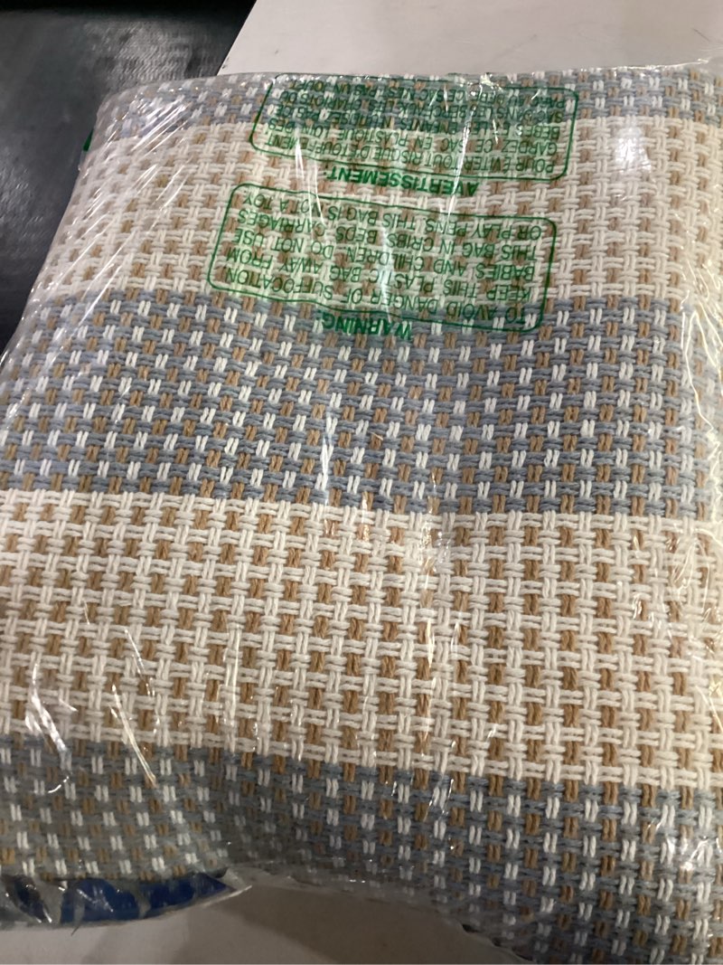Condition photo showing Good Condition for leevan outdoor patio rug 3x5, washable striped front porch mat, spring colorful outside entryway rug, woven welcome doormat blue white tan buffalo backyard layered mat for entrance/go away/deck dusty blue / ivory / natural 3' x 5' (rectangular)