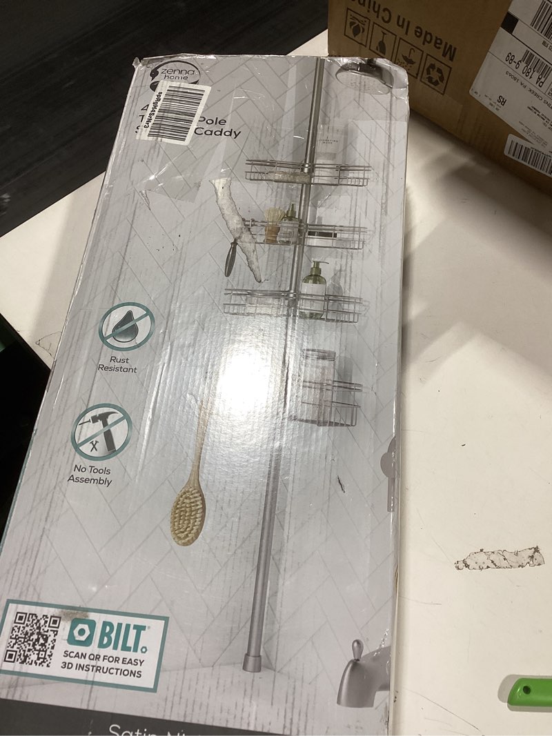 Condition photo showing Good Condition for Zenna Home Tension Pole Shower Caddy Corner Organizer, Adjustable Standing Shower Caddy with 4 L-shaped Baskets and Hooks, Rust Resistant Bathroom Tension Rod Organizer, 60 to 97 Inch, Satin Nickel