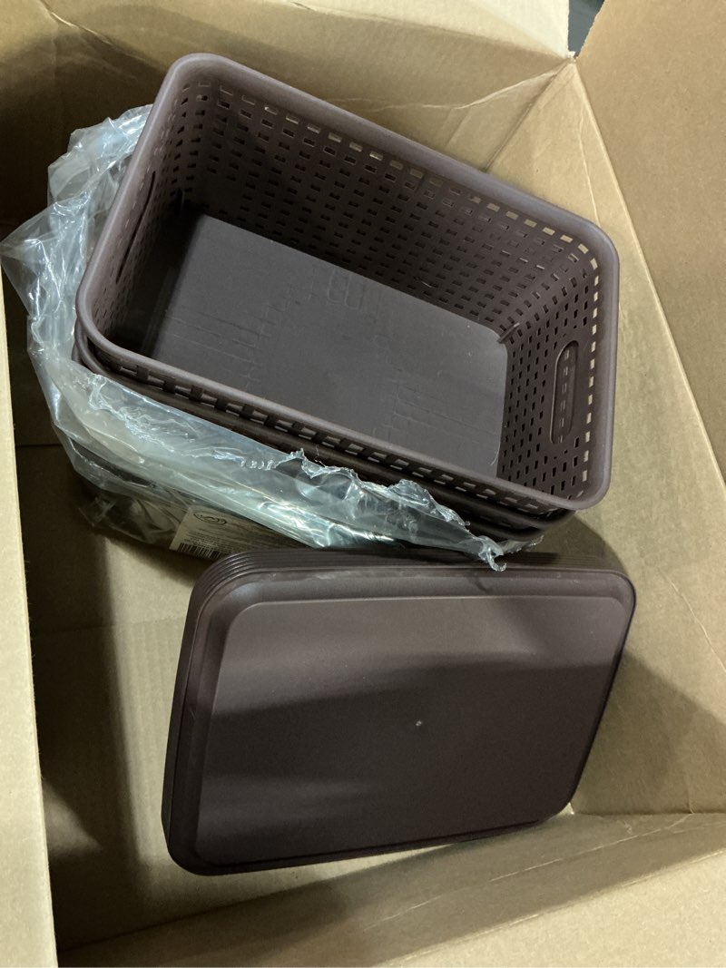 Condition photo showing Good Condition for AREYZIN Lidded Storage Bins Plastic Storage Baskets With Lid Organizing Container Knit Storage Organizer Bins for Shelves Drawers Desktop Playroom Classroom Office, 6 Pack,Brown