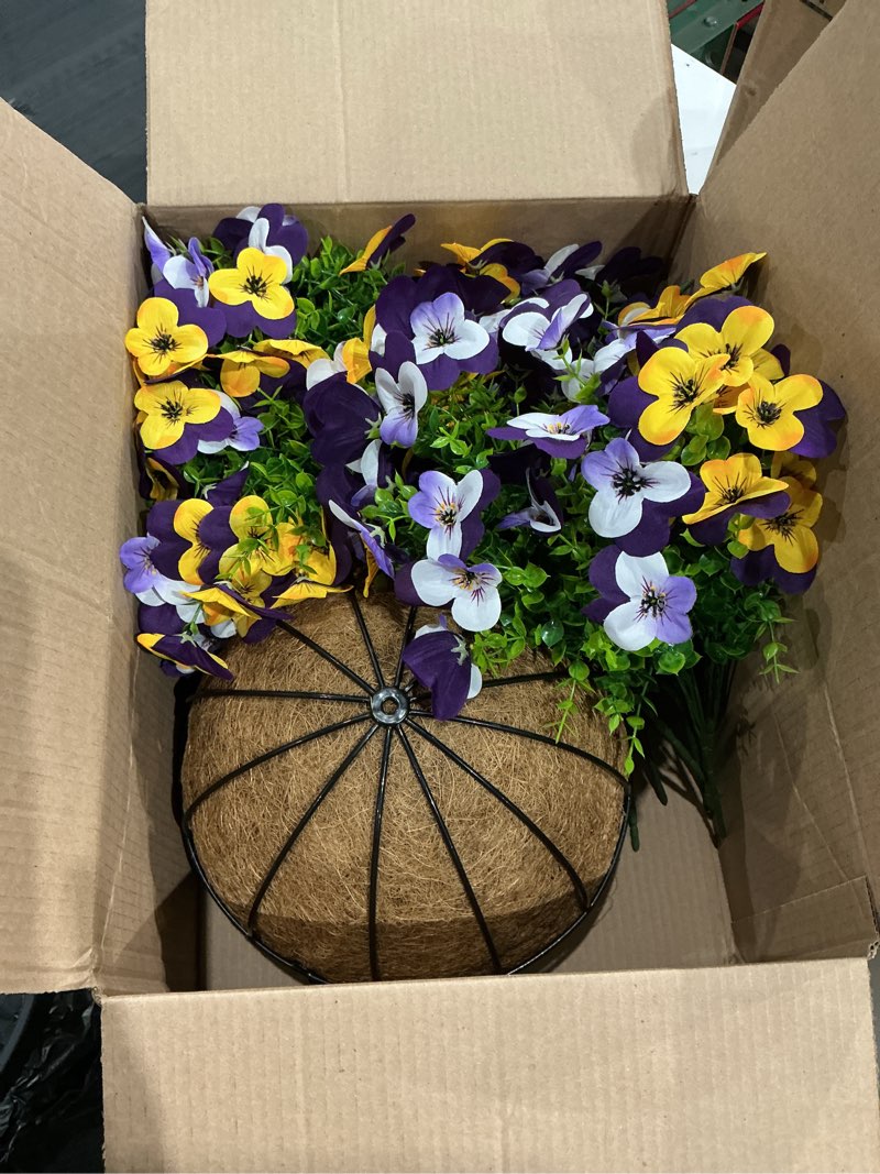 Condition photo showing Good Condition for 2 set artificial outdoor pansy flowers with hanging baskets, 2 hanging baskets with 24 pcs silk flowers for spring easter decorations porch patio home decor (2, purple, yellow, white, light purple) purple, yellow, white, light purple 2