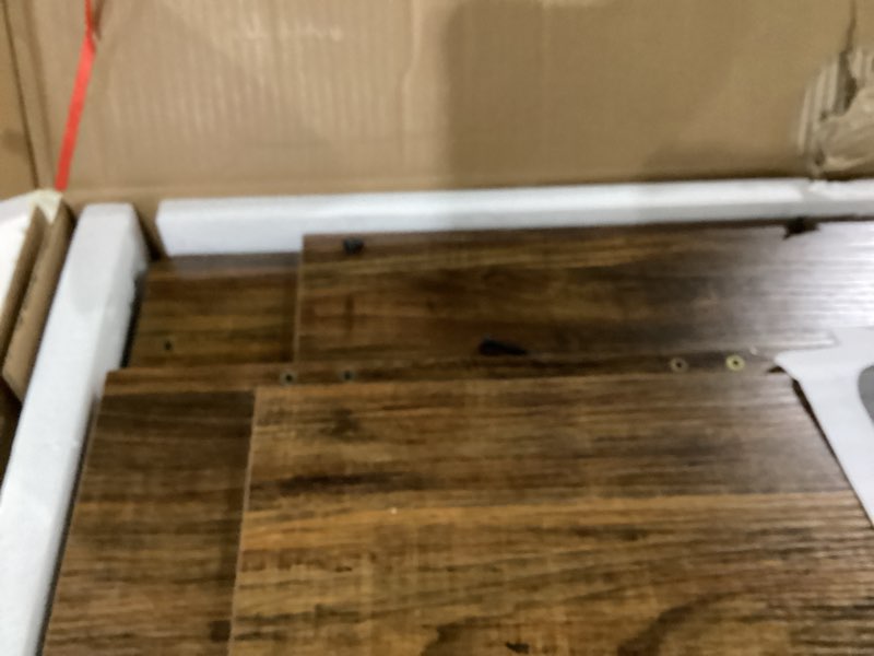 Condition photo showing New/Like New for greenforest folding desk with adjustable monitor stand and storage shelf, 24.8in small desk with wheels, mobile rolling table for small spaces, home office, walnut 24.8 inch walnut