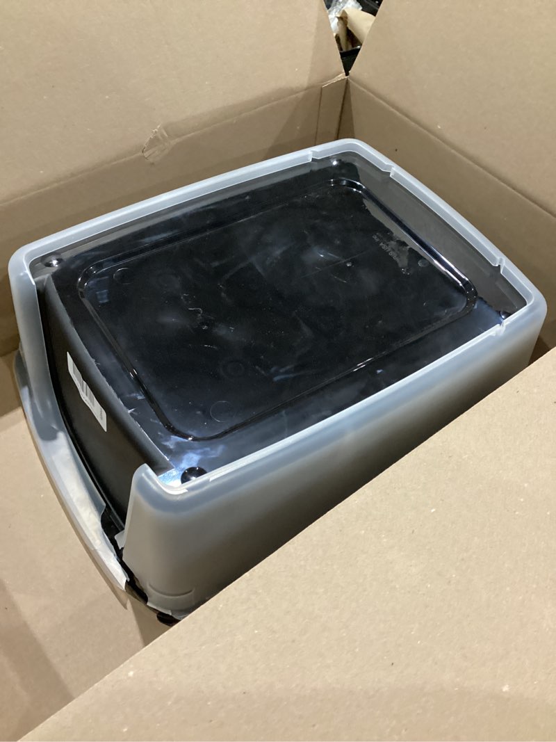 Condition photo showing As Is for iris usa large cat litter box with scatter shield and scoop, open top high sided cat litter pan, black