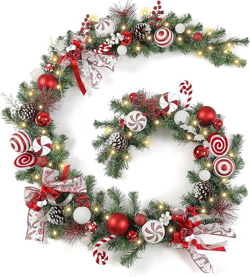 Red and White Christmas Garland 6Ft Christmas Garland Ornaments with 15 Balls, 3 Pinecones, 3 Candy 