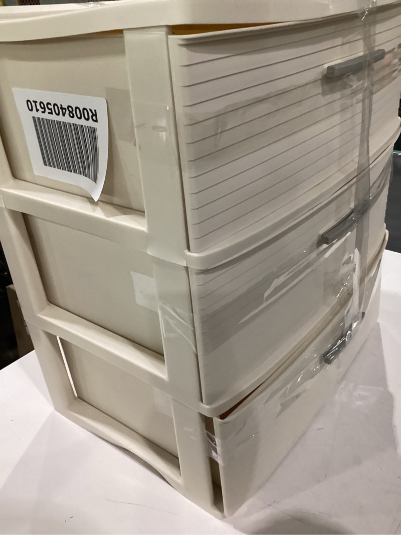 Condition photo showing As Is for 3 drawer wide tower snowfall white - brightroom ?