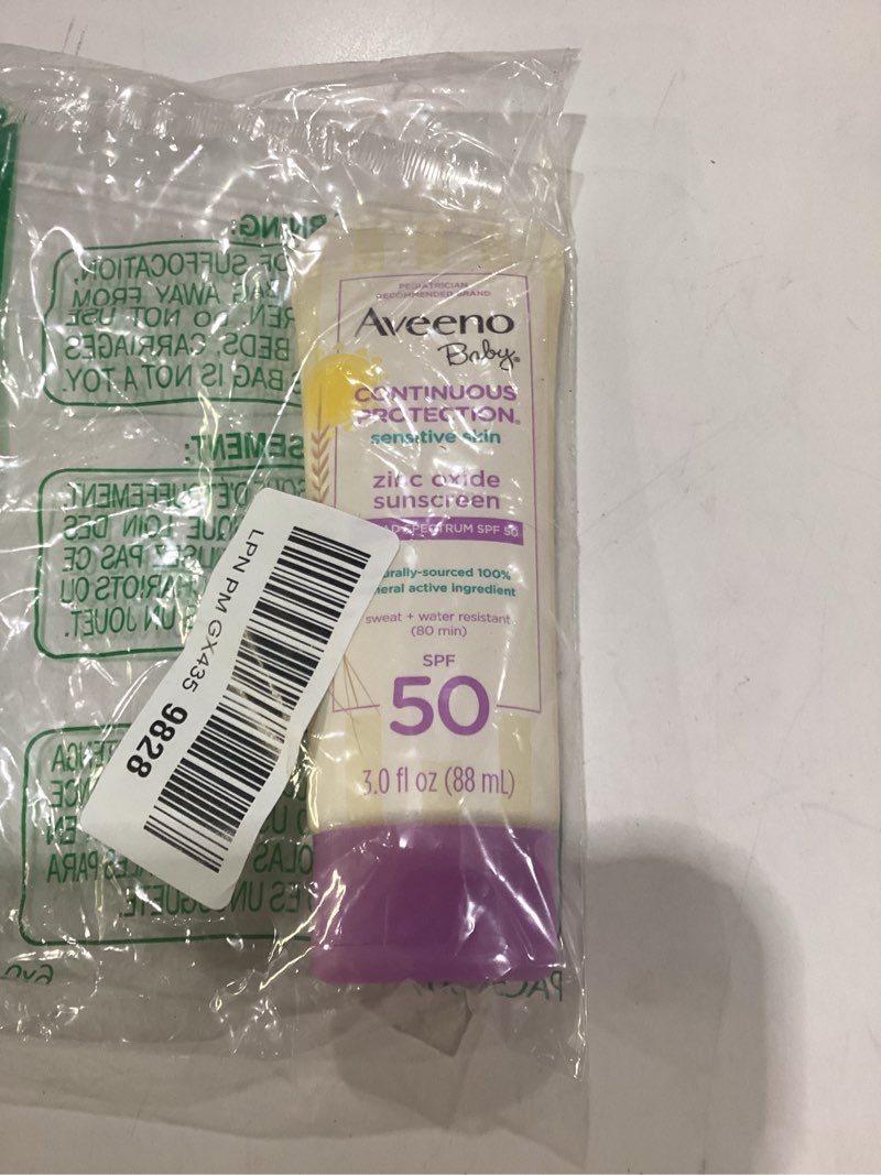 Condition photo showing Good Condition for aveeno baby continuous protection zinc oxide mineral sunscreen lotion for sensitive skin, broad spectrum spf 50, tear-free, sweat- & water-resistant, paraben-free, travel-size, 3 fl. oz