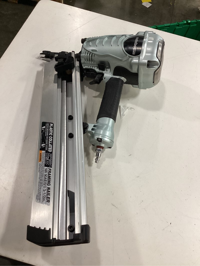 Condition photo showing As Is for metabo hpt framing nailer, pro-preferred power nailer for flooring, roof decking, and more, lightweight 7.5 lbs framing tool for 21° 2" to 3-1/2" plastic collated nails, nr90aes1 nr90aes1 only