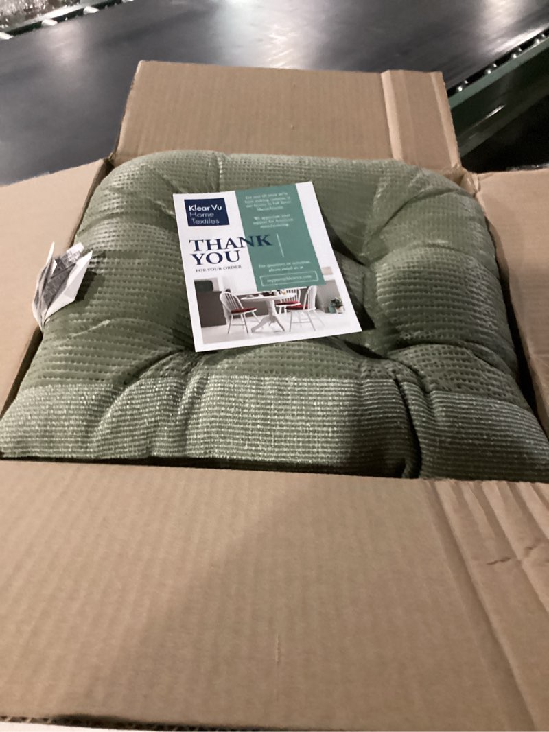 Condition photo showing Good Condition for Klear Vu Saturn Non-Slip Seat Cushion, Assembled in The USA, Button-Tufted Pillow for Dining, Office, or Rocking Chair, Durable Fabric Cover, 18" x 20" x 3", Set of 2, Celadon Celadon Set of 2