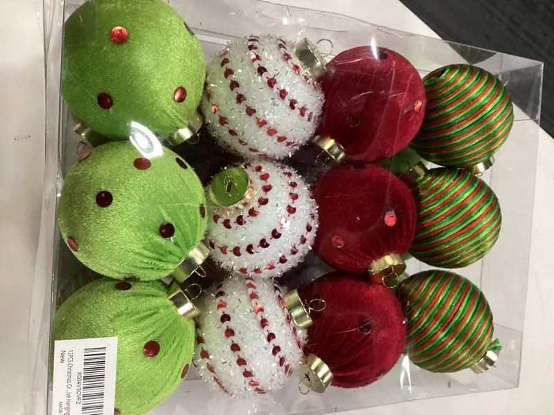 Condition photo showing Good Condition for 12PCS Christmas Ornaments Balls, 3.15" Red Green Velvet Shatterproof Christmas Tree Decorations with Sparkling Stripes and Dots, Holiday Party Decorative Hanging Baubles