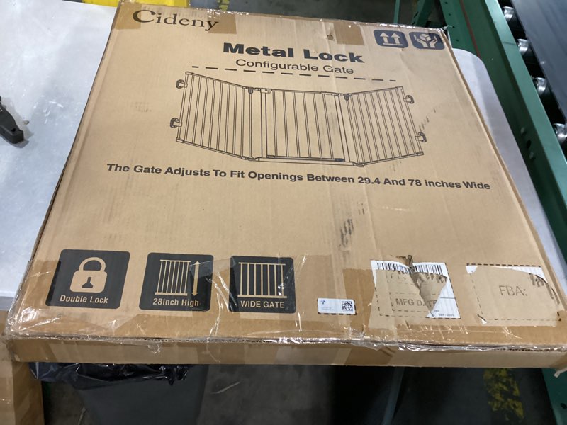 Condition photo showing New/Like New for 29.4-78" extra wide baby gate, long dog gates indoor for doorways stairs, essential large safety gate for child toddler with anti-trip pedal, adjustable pet gate, 28" tall 3 metal panels black