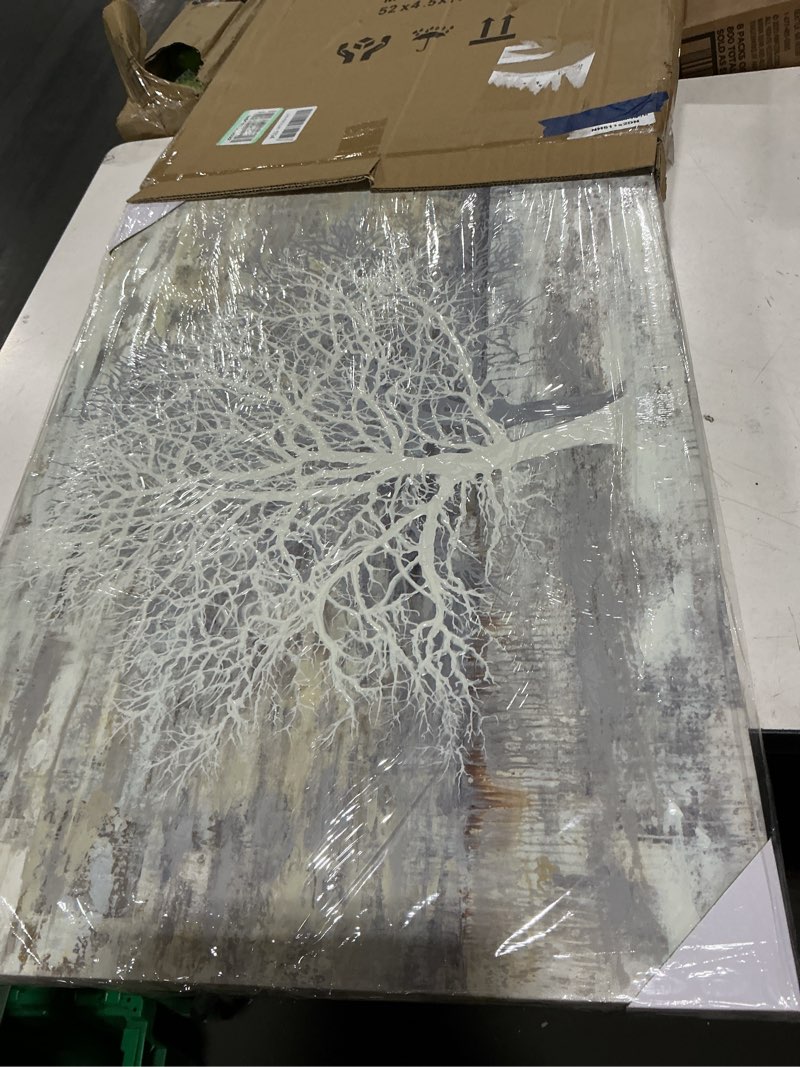 Condition photo showing Good Condition for this batrendy arts abstract tree canvas wall art features a large, hand-painted white tree silhouette against a textured grey and beige background