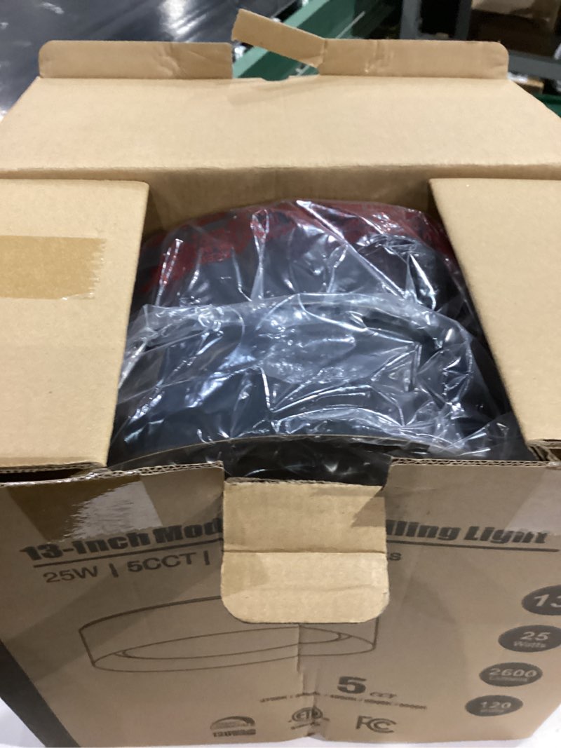 Condition photo showing Good Condition for 2-Pack Flush Mount Ceiling Lights, 25W LED Ceiling Light Fixtures 300W Equivalent 2600LM 5CCT Adjustable Modern Black and Gold Flush Mount Dimmable Ceiling Lamps for Bathroom Hallway Bedroom 13inch-2Pack Matte Black(5CCT)