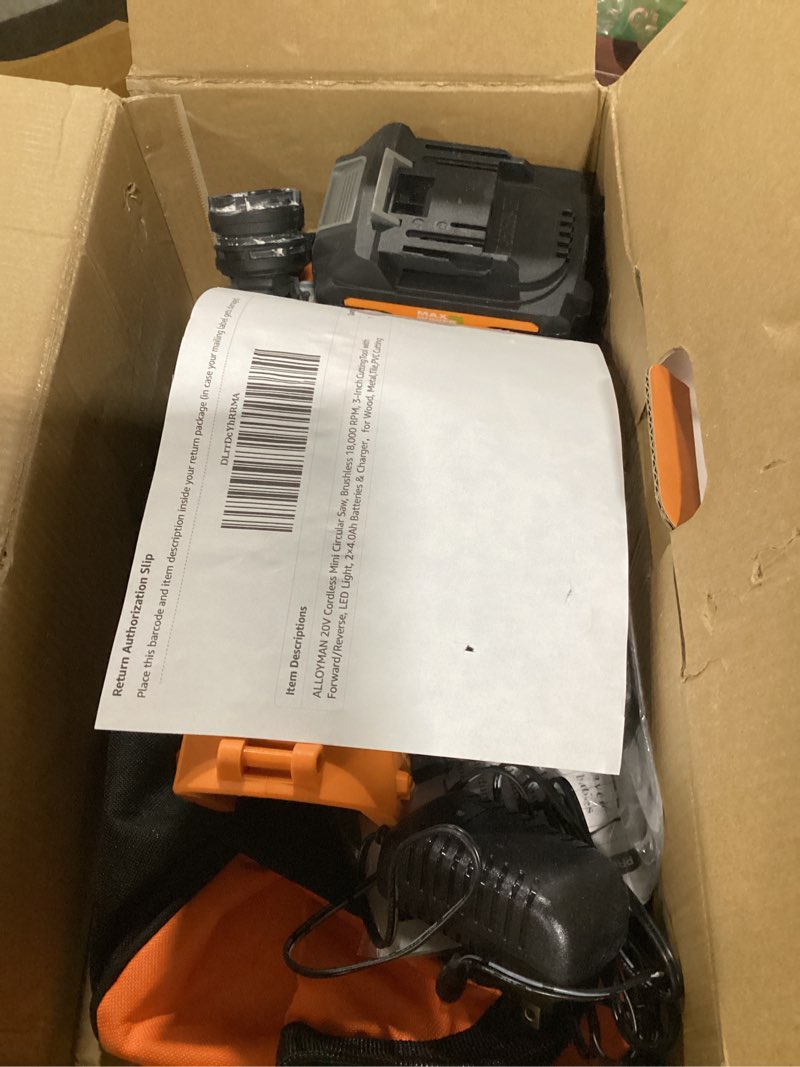 Condition photo showing Good Condition for alloyman 20v cordless mini circular saw, brushless 18,000 rpm, 3-inch cuttingtool with forward/reverse, led light, 2×4.0ah batteries & charger?for wood, metal,tile,pvc cutting