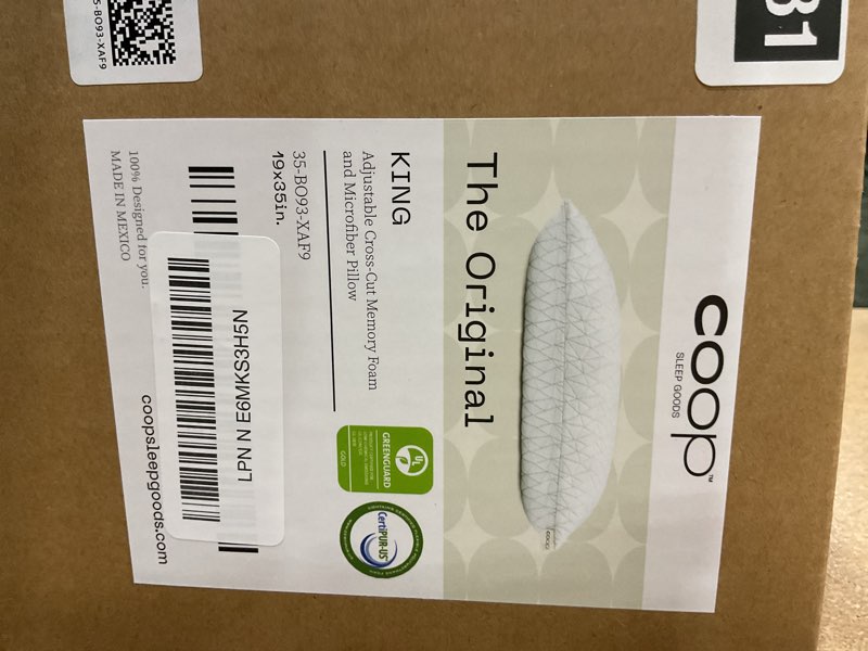 Condition photo showing New/Like New for coop home goods original crescent adjustable pillow, king bed pillows for shoulder, neck & head support, crescent foam pillows - medium firm for back & side sleeper, certipur-us/greenguard gold crescent white king