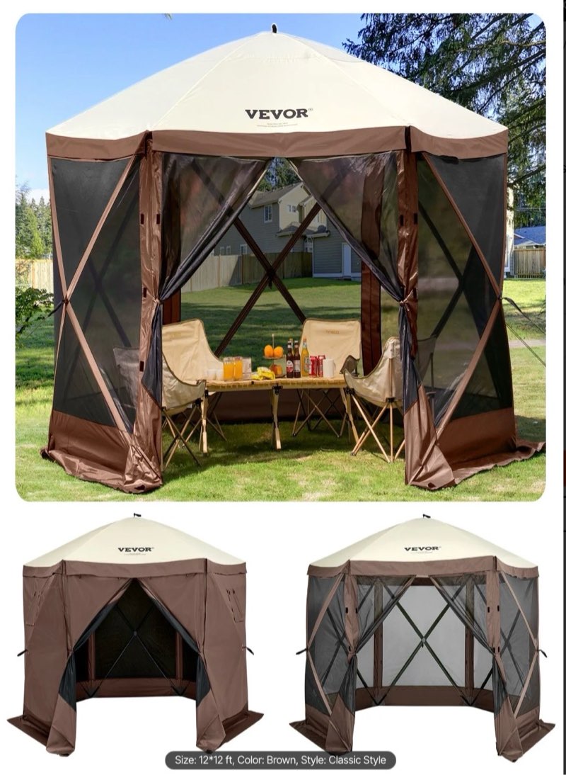 vevor gazebo screen tent, 12 x 12 ft, 6 sided pop-up camping canopy shelter tent with mesh windows, portable carry bag, ground stakes, large shade tents for outdoor camping, lawn and backyard