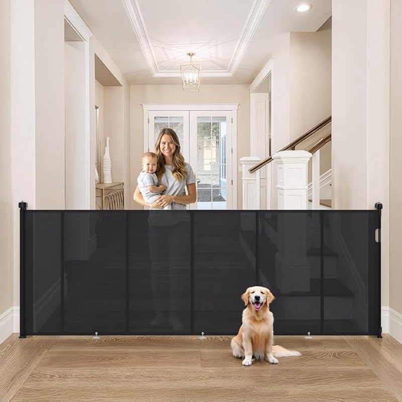 Upgrade Retractable Baby Gates Extra Wide (150" W x 42" H), 150 inch Reinforced Retractable Dog Gate to Prevent Crawling Through, Retractable Gate Outdoor/Indoor, Real One-Handed Operation, Black