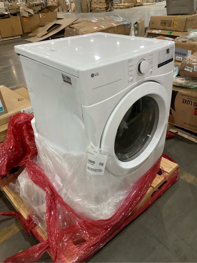 Condition photo showing As Is for lg 7.4 cu. ft. vented stackable electric dryer in white with sensor dry