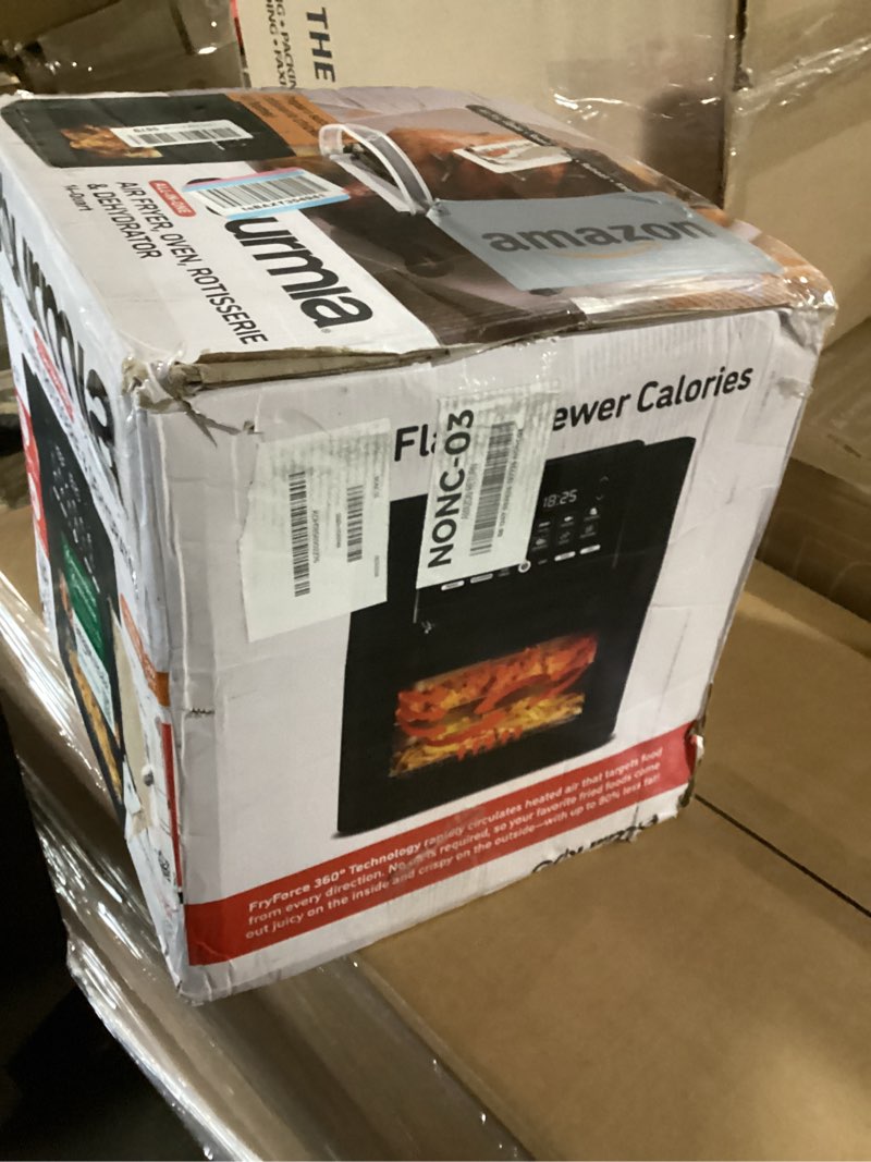 Condition photo showing New/Like New for gourmia air fryer - 14 qt all-in-one oven with rotisserie, digital display with 12 presets, roast, bake, broil, dehydrate, dishwasher safe accessories, black