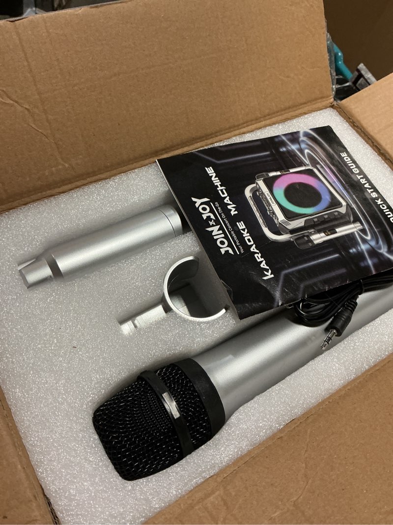 Condition photo showing As Is for portable karaoke machine, with wireless microphones, bluetooth party speaker with led lights, loud subwoofer, usb/aux, outdoor karaoke speaker for adults & kids, home & party silver