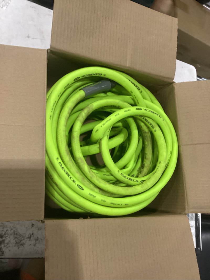 Condition photo showing As Is for flexzilla garden hose 5/8 in. x 100 ft., lightweight all-weather water hose, durable and flexible, leak-free connections standard grip 100ft chartreuse
