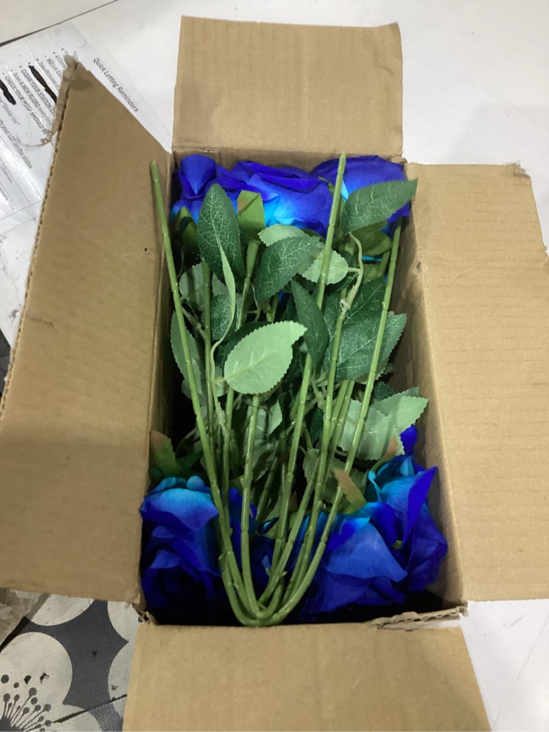 Condition photo showing As Is for roses artificial flowers, fake velvet silk roses with stems for indoor outdoor decor, realistic roses in bulk for wedding centerpiece party, valentines birthday (24,blue) blue 24