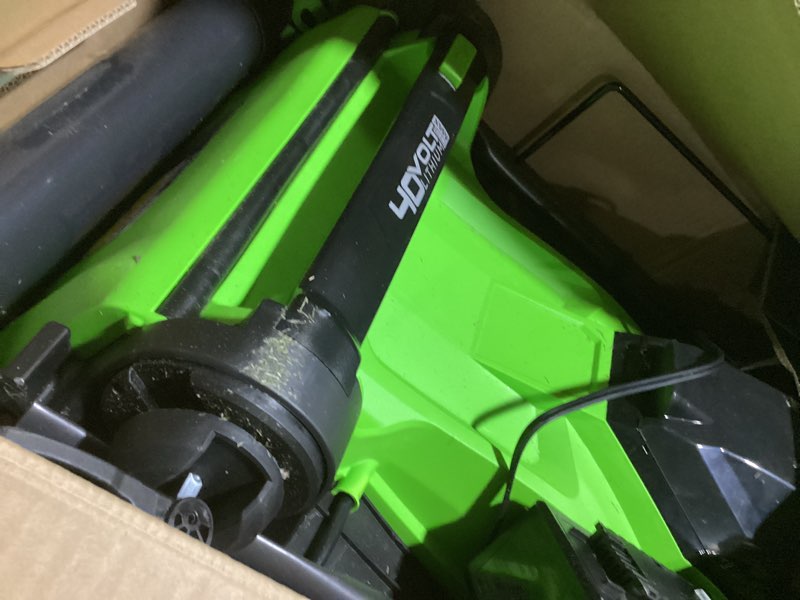Condition photo showing As Is for greenworks 40v 17" cordless lawn mower – brushless motor, 4.0ah battery & charger (75+ compatible to