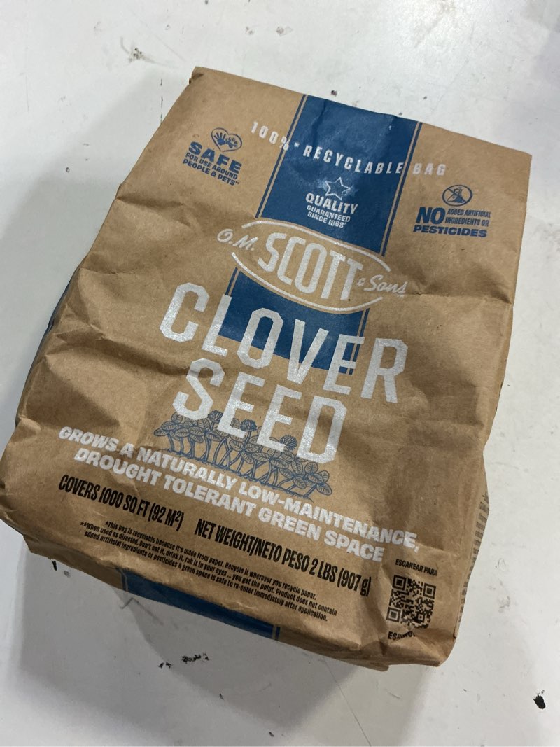 Condition photo showing New/Like New for o.m. scott and sons clover seed, lawn seed grows a naturally low maintenance, drought-tolerant lawn, 1,000 sq. ft., 2 lb. 1 pack clover
