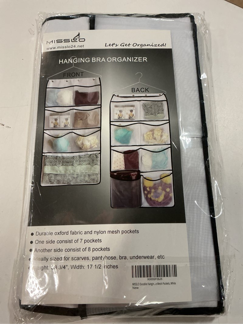 Condition photo showing New/Like New for misslo sturdy hanging closet double sided bra stocking clothes socks organizer 15 large mesh pockets, white
