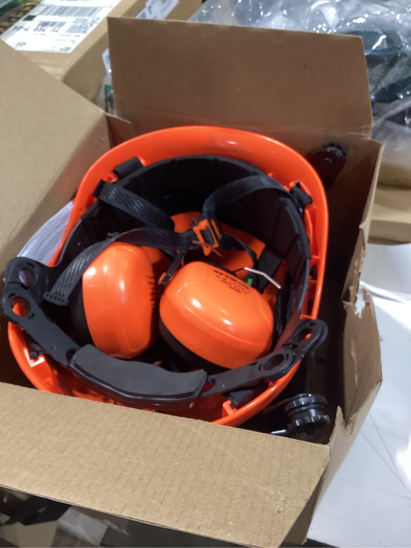 Condition photo showing Good Condition for forestry safety helmet chainsaw helmet with mesh face shield and ear muffs 3 in 1 forestry hard hat orange+mesh face shield