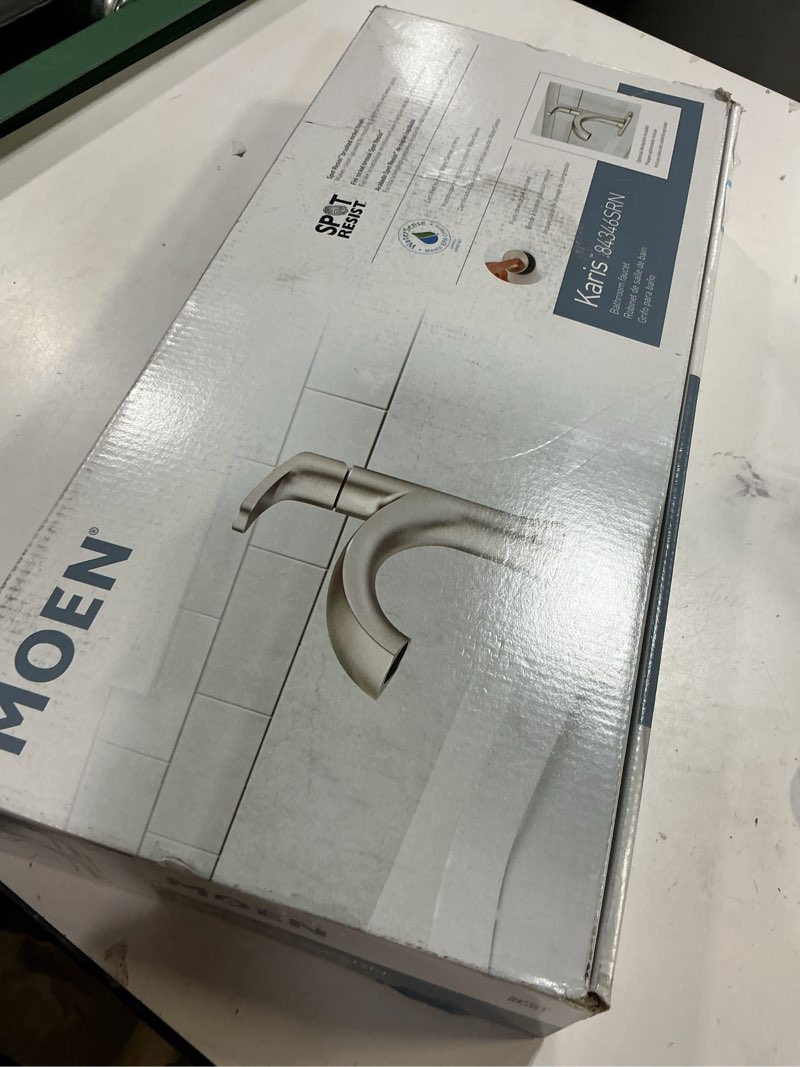 Condition photo showing Good Condition for Moen 84346SRN Karis Spot Resist Brushed Nickel One-Handle Single Hole Bathroom Sink Faucet with Optional Deck Plate