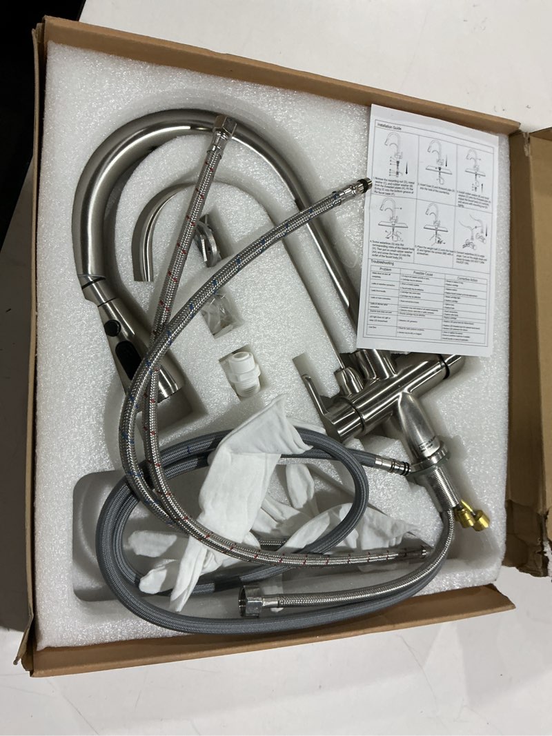 Condition photo showing As Is for 3 Way Kitchen Sink Faucet with Drinking Water Faucet, 2 Handle 3 in 1 Pull Down Kitchen Faucet with Water Filter Purifier Faucets (Brushed Nickel)