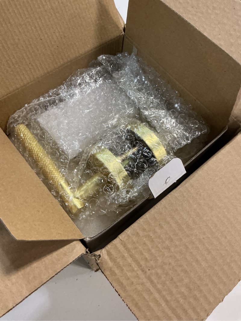 Condition photo showing Good Condition for HOSOM 2 Pack Knurled Brushed Gold Door Handles Interior, Anti-Slip Passage Door Lever Lock, Heavy Duty, Reversible, Modern Hardware for Hallway & Closet 2 Pack Passage