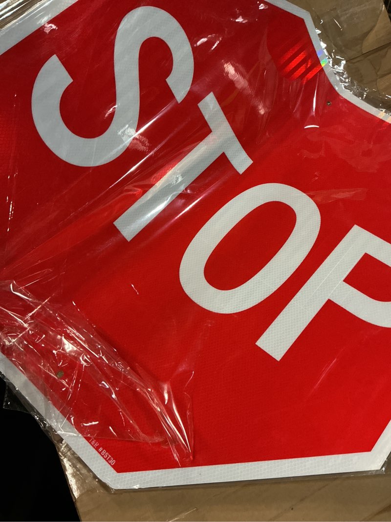 Condition photo showing As Is for t&r large stop sign street road sign 30 x 30 inches. engineer grade reflective sheeting, rust free aluminum, weather resistant, waterproof, fade resistant, 2 pre-drilled holes 30" x 30" - 1 pack