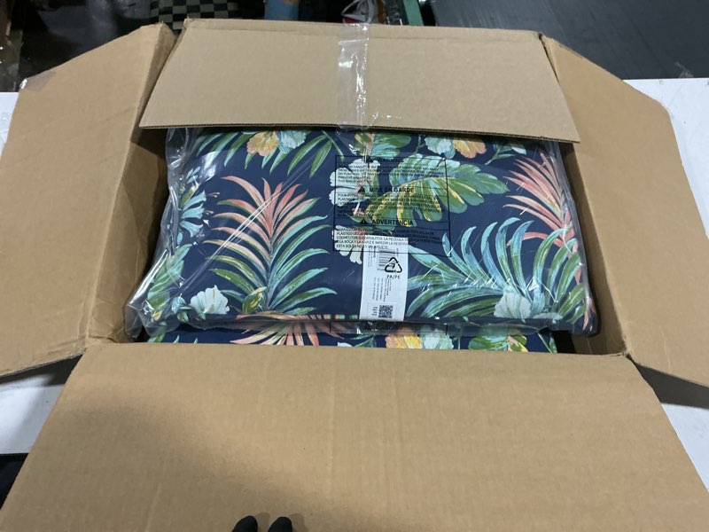 Condition photo showing Good Condition for arden outdoor deep seat cushion set (4-pack), 22 in x 24 in, weather-proof, rain-proof, fade resistant patio cushion for chair, sofa, and couch simone blue tropical polyfill simone blue tropical 4 pack