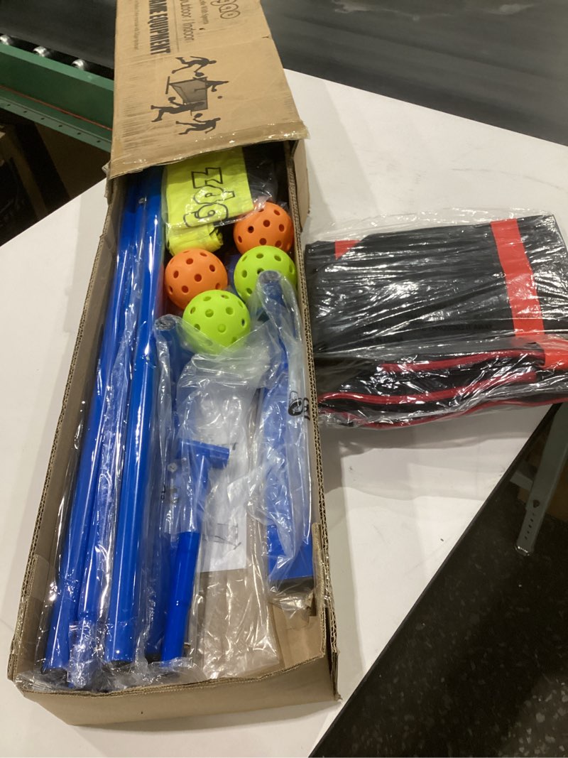 Condition photo showing As Is for zdgao pickleball net for driveway with 22ft regulation size pickleball net, 4 outdoor pickleballs and carry bag, weather resistance strong steel frame blue