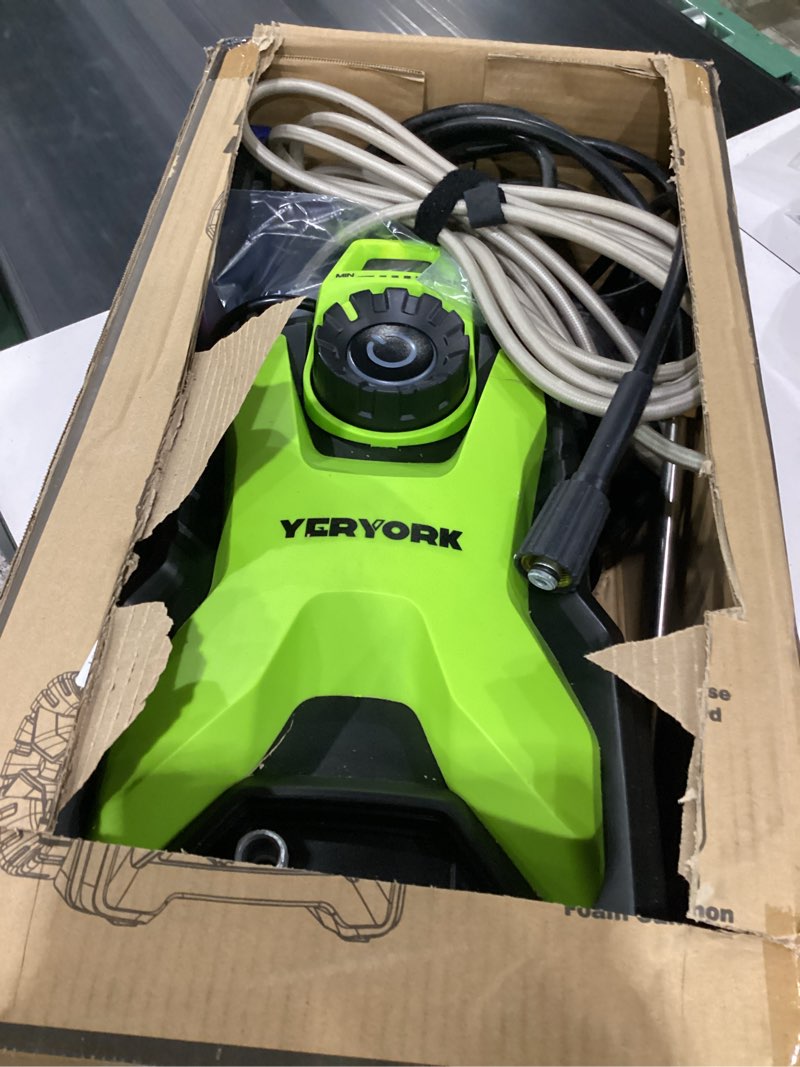 Condition photo showing As Is for not tested**** 5000 max adjustable psi pressure washer,2.5 max gpm power washer with 33 ft retractable hose reel, stainless steel lance, 500ml foam cannon, 4-nozzle set, washer for cars, fences, patios