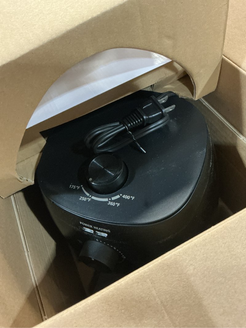 Condition photo showing As Is for mainstays 2.2 qt air fryer in arctic black with non-stick basket