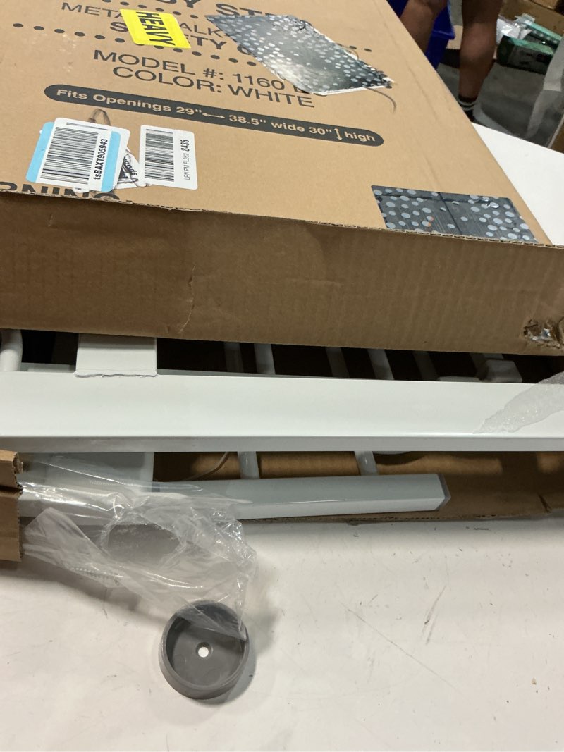 Condition photo showing Good Condition for regalo safety 38" baby gate for doorways & bottom of stairs, pressure mount design for babies, toddlers & pets, tested & safe for 30 years, american designed, american owned, white white 29-38.5"w x 30"h