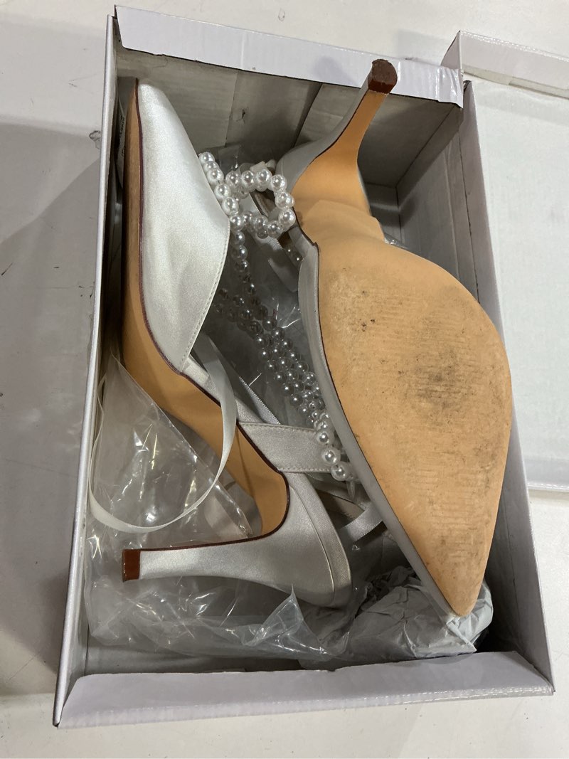 Condition photo showing As Is for women's pearl heels with bow wedding shoes for bride high heels bridal shoes slingback satin heels white 8.5