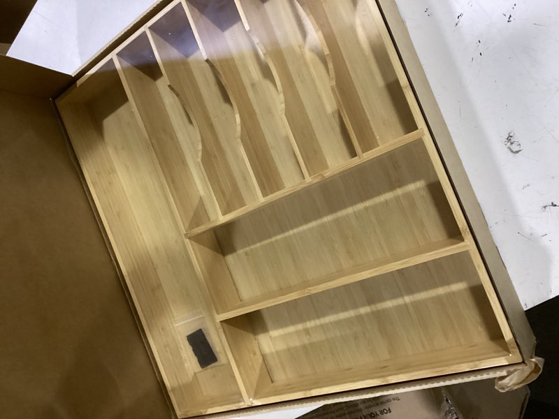 Condition photo showing Good Condition for umilife large kitchen drawer organizer, 19"x20" silverware utensils organizer, 2.5" high for large deep drawers, bamboo flatware holder with thick frames, sturdy kitchen organization tray