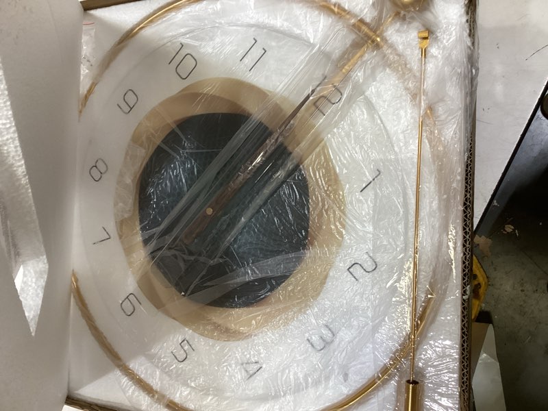 Condition photo showing New/Like New for wall clock, silent quartz movement battery operated with pendulum, luxury oversized metal modern large wall clocks for living room bedroom farmhouse office kitchen home wall decor-19.7x29inch(golden) h-golden