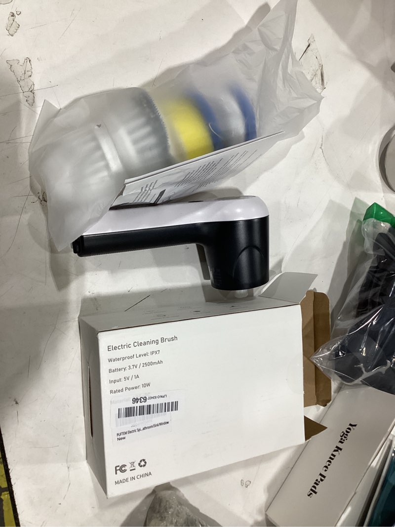 Condition photo showing Good Condition for puftem electric spin scrubber, cordless shower scrubber with battery level display, 2 speeds electric scrubber for cleaning with 6 replaceable heads, cleaning brush for bathroom/sink/window white