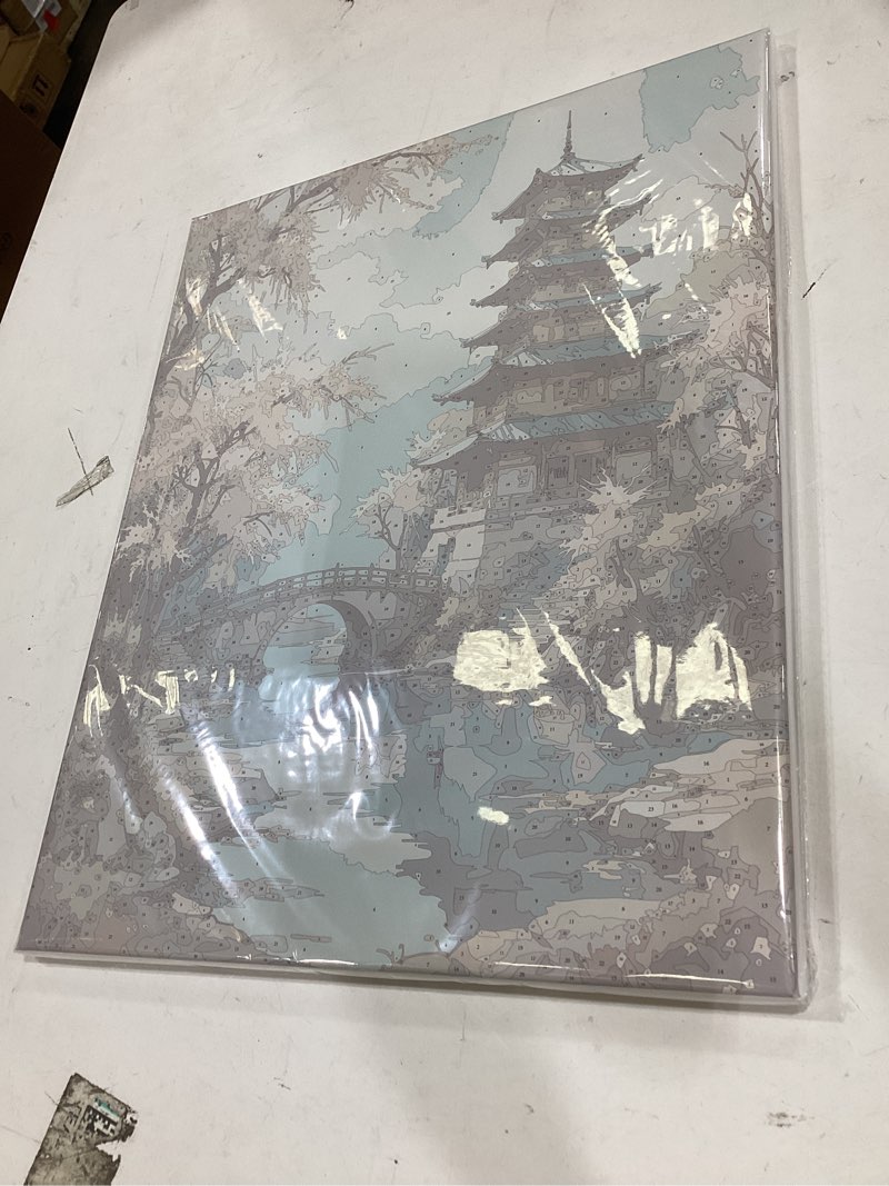 Condition photo showing New/Like New for cherry blossom pagoda paint by numbers kit for adults - diy chinese garden and bridge scene painting on canvas 16x20in, framed acrylic paint set for beginners, oriental art for home decoration fm04199-16x20in framed