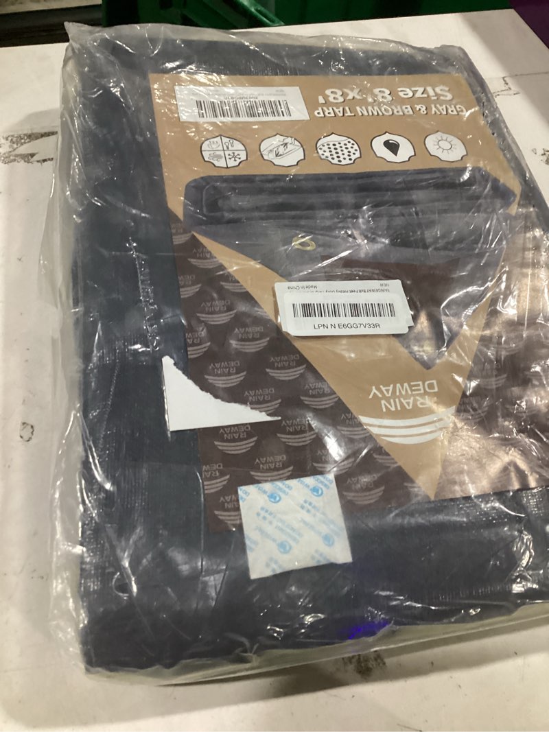 Condition photo showing Good Condition for raindeway 8x8 feet super heavy duty tarp 18 mil, uv resistant, weatherproof, multipurpose waterproof poly tarp with grommets and reinforced edges, brown/gray tarps gray/brown 8x8 feet-finished size