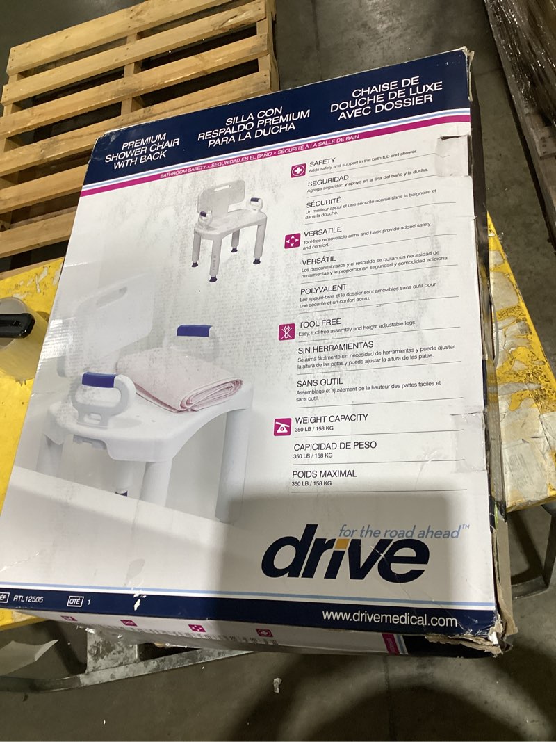 Condition photo showing As Is for drive medical rtl12505 handicap bathroom bench with back and arms, white