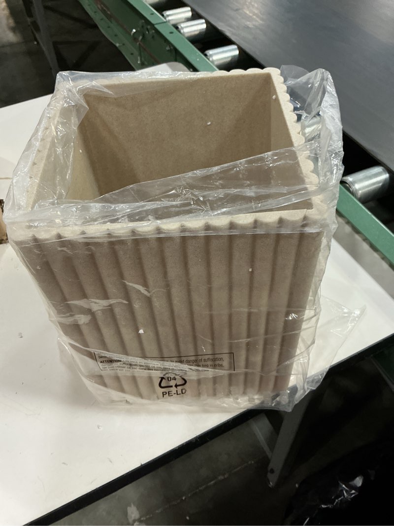 Condition photo showing New/Like New for beige luxury stone bathroom trash can, modern bathroom office trash can, resin wastebasket, garbage receptacle bin for bathrooms, offices, powder rooms, kitchens (beige)