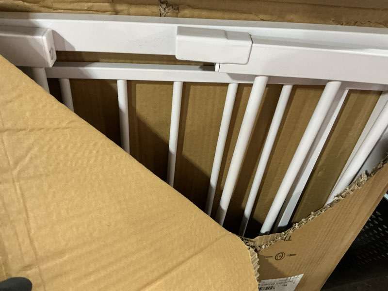 Condition photo showing As Is for COMOMY 36" Extra Tall Baby Gate for Stairs Doorways, Fits Openings 29.5" to 48.8" Wide, Auto Close Extra Wide Dog Gate for House, Pressure Mounted Easy Walk Through Pet Gate with Door, White