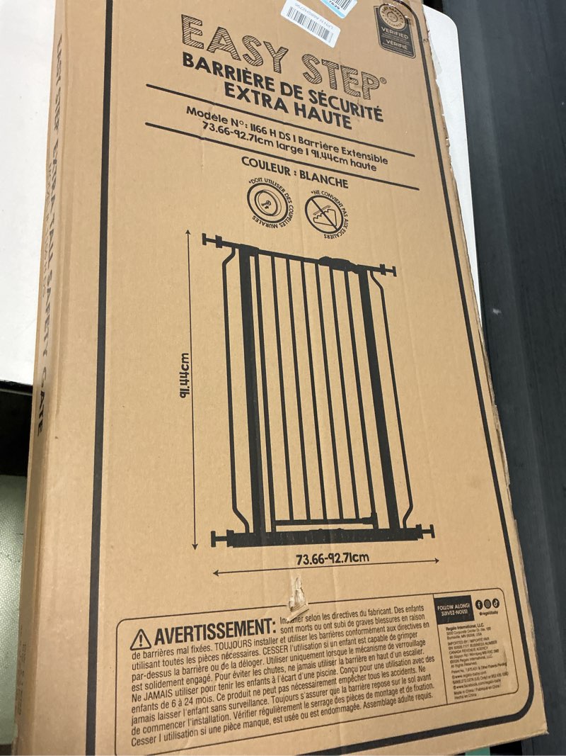 Condition photo showing Good Condition for regalo safety 36" extra tall baby gate for doorways & bottom of stairs, pressure mounted walk through gate for babies, toddlers & pets, tested & safe for 30 years, american designed, american owned white 29-36.5"w x 36"h