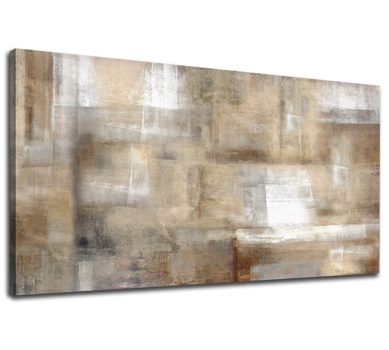 vintage abstract canvas wall art - brown, white, grey - living room, bedroom decor - 24" x 48"