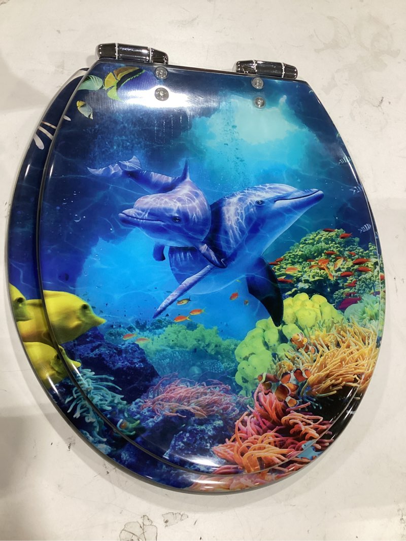 Condition photo showing As Is for angol shiold round ocean resin toilet seat slow close quick release metal zinc alloy hinge easy to install also easy to clean, decorative acrylic seats (16.5 inch, blue dolphins) blue dolphins ocean